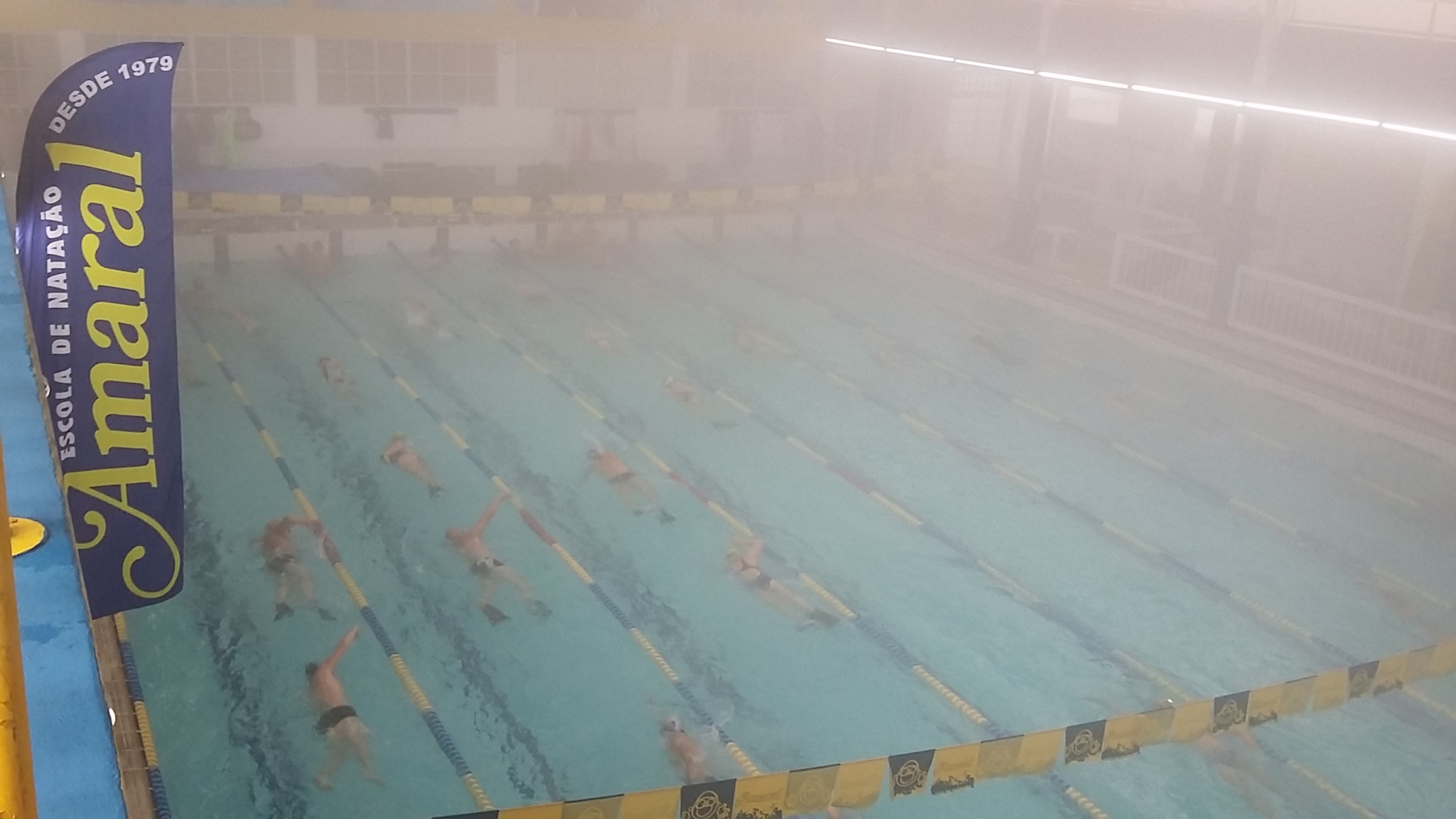 Treino de natação na piscina aquecida, com vapor e bandeira da Amaral
