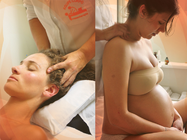 Massagem relaxante na cabeça e massagem para gestante